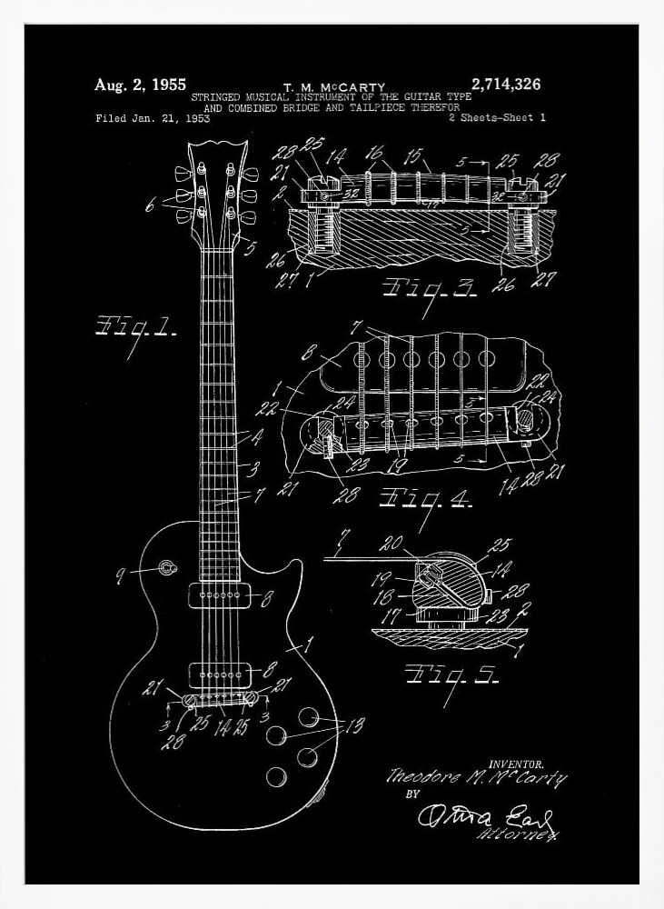 A framed vintage patent illustration of an electric guitar from 1955, depicted in a white-on-black blueprint style. The poster shows a full view of the guitar and detailed cross-sections of its bridge and tailpiece, complete with labels and reference numbers. Poster