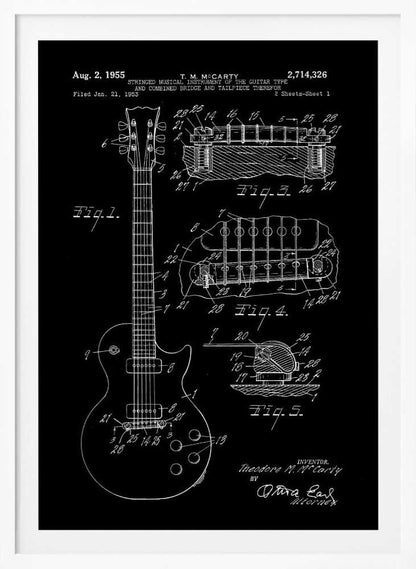 A framed vintage patent illustration of an electric guitar from 1955, depicted in a white-on-black blueprint style. The poster shows a full view of the guitar and detailed cross-sections of its bridge and tailpiece, complete with labels and reference numbers. Poster
