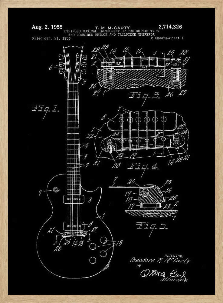 A framed vintage patent illustration of an electric guitar from 1955, depicted in a white-on-black blueprint style. The poster shows a full view of the guitar and detailed cross-sections of its bridge and tailpiece, complete with labels and reference numbers. Poster