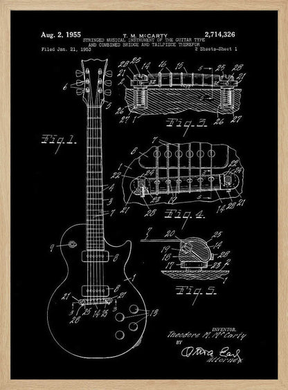 A framed vintage patent illustration of an electric guitar from 1955, depicted in a white-on-black blueprint style. The poster shows a full view of the guitar and detailed cross-sections of its bridge and tailpiece, complete with labels and reference numbers. Poster