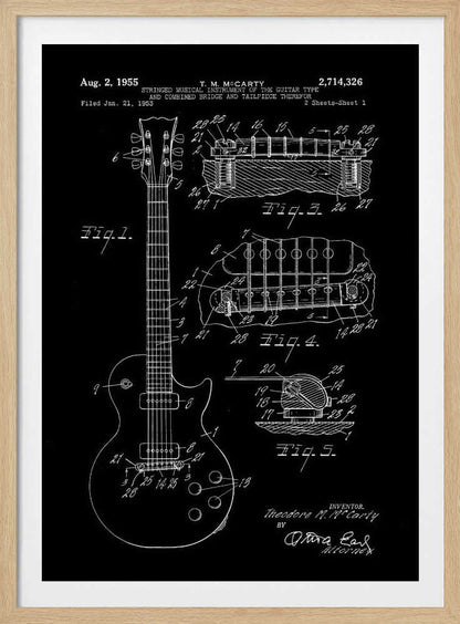 A framed vintage patent illustration of an electric guitar from 1955, depicted in a white-on-black blueprint style. The poster shows a full view of the guitar and detailed cross-sections of its bridge and tailpiece, complete with labels and reference numbers. Poster