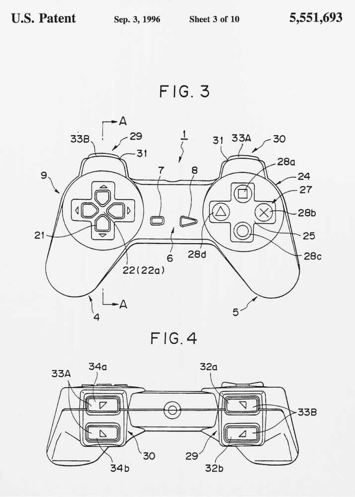 A framed black and white patent illustration for the original Sony PlayStation controller, dated September 3, 1996. The poster shows two figures, FIG. 3 and FIG. 4, detailing the design with numbered parts, including the directional pad and action buttons. Artwork