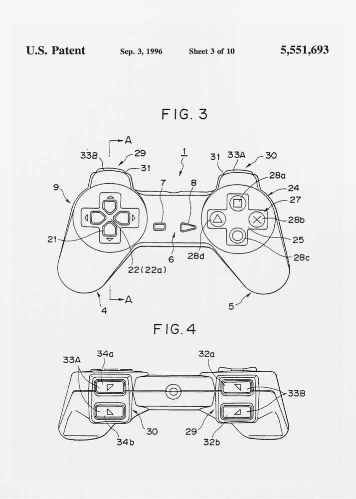 A framed black and white patent illustration for the original Sony PlayStation controller, dated September 3, 1996. The poster shows two figures, FIG. 3 and FIG. 4, detailing the design with numbered parts, including the directional pad and action buttons. Artwork
