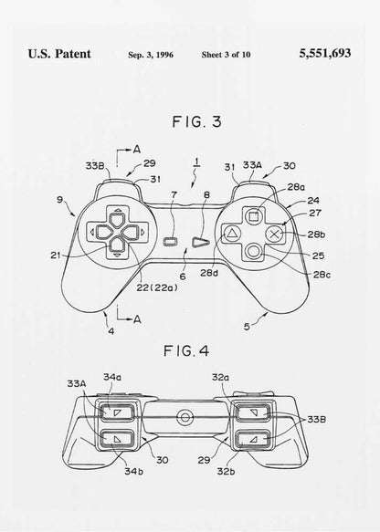 A framed black and white patent illustration for the original Sony PlayStation controller, dated September 3, 1996. The poster shows two figures, FIG. 3 and FIG. 4, detailing the design with numbered parts, including the directional pad and action buttons. Artwork