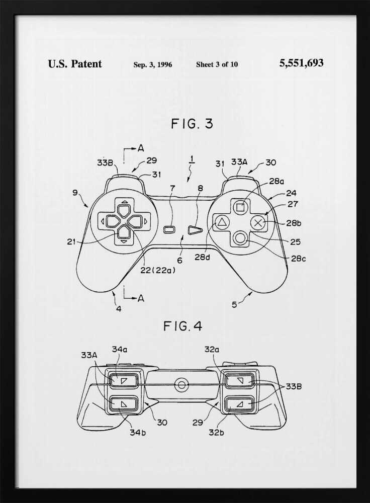 A framed black and white patent illustration for the original Sony PlayStation controller, dated September 3, 1996. The poster shows two figures, FIG. 3 and FIG. 4, detailing the design with numbered parts, including the directional pad and action buttons. Artwork