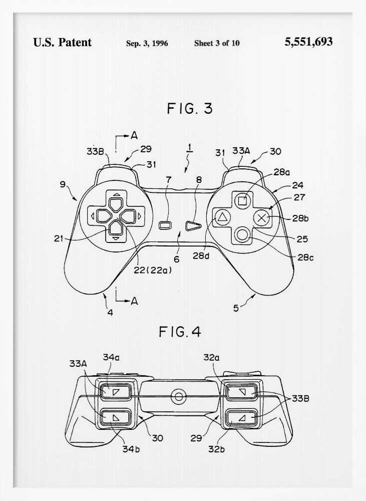 A framed black and white patent illustration for the original Sony PlayStation controller, dated September 3, 1996. The poster shows two figures, FIG. 3 and FIG. 4, detailing the design with numbered parts, including the directional pad and action buttons. Artwork
