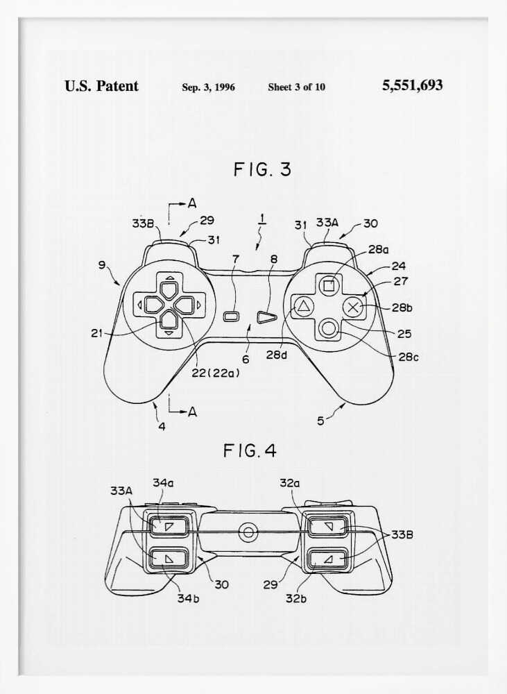 A framed black and white patent illustration for the original Sony PlayStation controller, dated September 3, 1996. The poster shows two figures, FIG. 3 and FIG. 4, detailing the design with numbered parts, including the directional pad and action buttons. Artwork