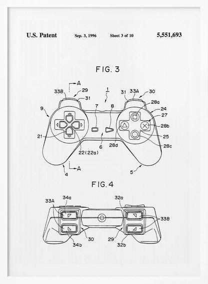 A framed black and white patent illustration for the original Sony PlayStation controller, dated September 3, 1996. The poster shows two figures, FIG. 3 and FIG. 4, detailing the design with numbered parts, including the directional pad and action buttons. Artwork