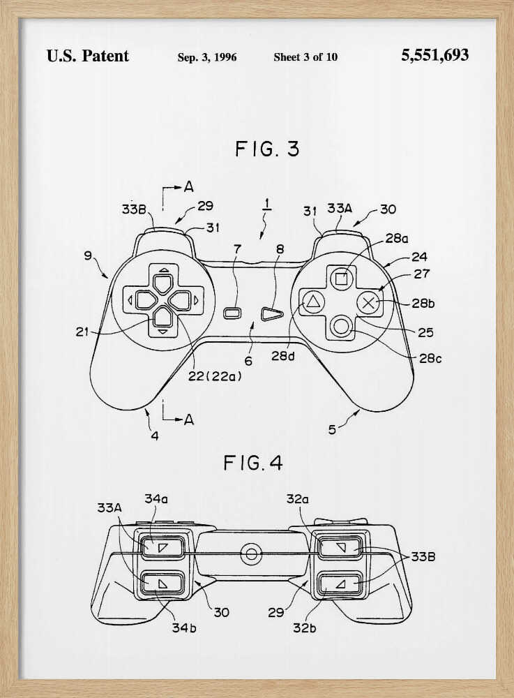 A framed black and white patent illustration for the original Sony PlayStation controller, dated September 3, 1996. The poster shows two figures, FIG. 3 and FIG. 4, detailing the design with numbered parts, including the directional pad and action buttons. Artwork