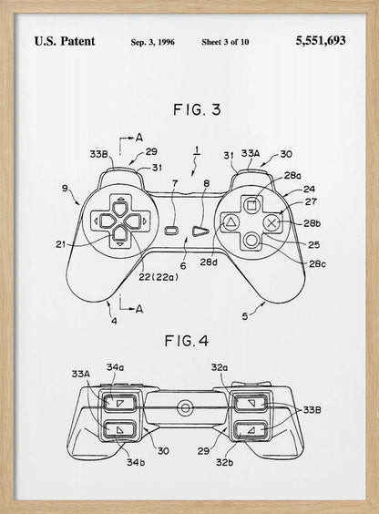 A framed black and white patent illustration for the original Sony PlayStation controller, dated September 3, 1996. The poster shows two figures, FIG. 3 and FIG. 4, detailing the design with numbered parts, including the directional pad and action buttons. Artwork