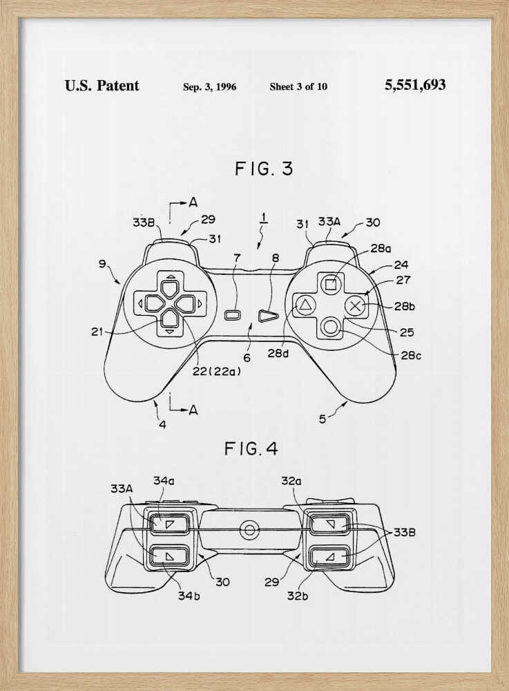 A framed black and white patent illustration for the original Sony PlayStation controller, dated September 3, 1996. The poster shows two figures, FIG. 3 and FIG. 4, detailing the design with numbered parts, including the directional pad and action buttons. Artwork