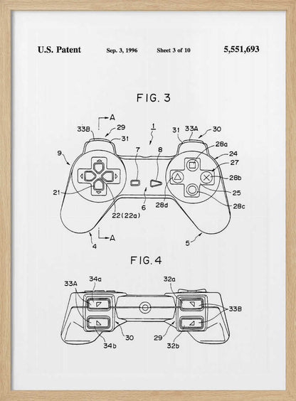A framed black and white patent illustration for the original Sony PlayStation controller, dated September 3, 1996. The poster shows two figures, FIG. 3 and FIG. 4, detailing the design with numbered parts, including the directional pad and action buttons. Artwork
