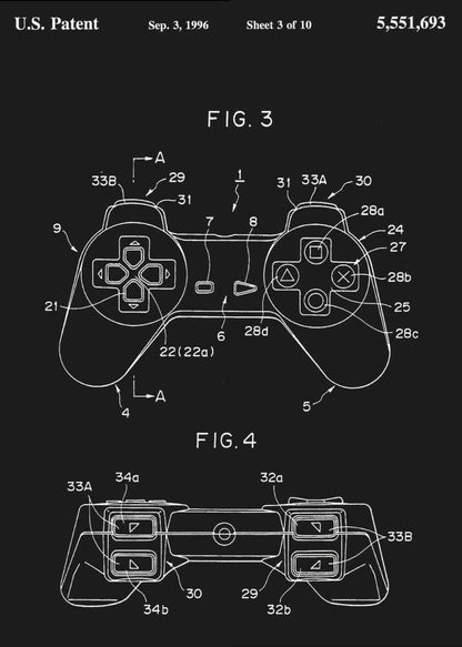 A framed patent illustration of a video game controller, presented in a blueprint style with white lines on a black background. The patent is dated September 3, 1996, and shows detailed diagrams of the controller from a top-down and front view, complete with labels and reference numbers. Wall Art