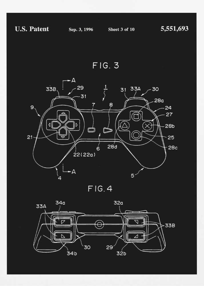 A framed patent illustration of a video game controller, presented in a blueprint style with white lines on a black background. The patent is dated September 3, 1996, and shows detailed diagrams of the controller from a top-down and front view, complete with labels and reference numbers. Wall Art
