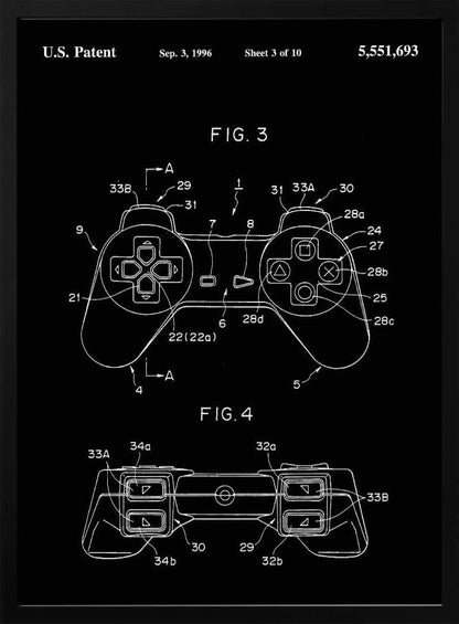 A framed patent illustration of a video game controller, presented in a blueprint style with white lines on a black background. The patent is dated September 3, 1996, and shows detailed diagrams of the controller from a top-down and front view, complete with labels and reference numbers. Wall Art