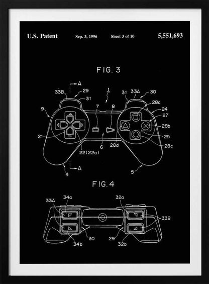 A framed patent illustration of a video game controller, presented in a blueprint style with white lines on a black background. The patent is dated September 3, 1996, and shows detailed diagrams of the controller from a top-down and front view, complete with labels and reference numbers. Wall Art