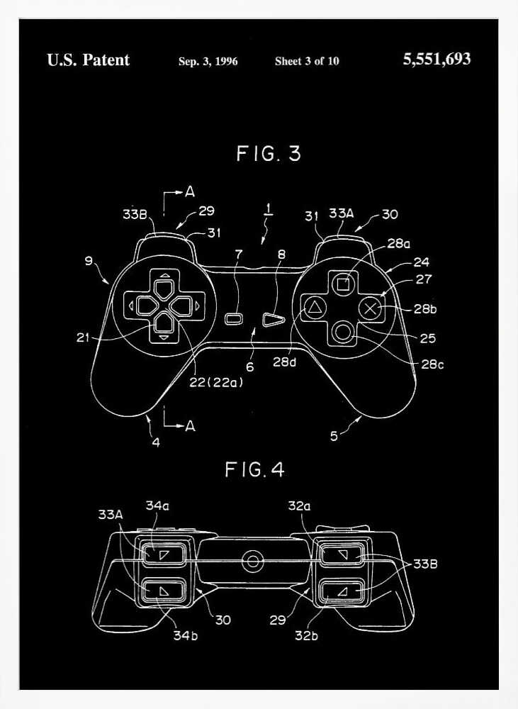A framed patent illustration of a video game controller, presented in a blueprint style with white lines on a black background. The patent is dated September 3, 1996, and shows detailed diagrams of the controller from a top-down and front view, complete with labels and reference numbers. Wall Art