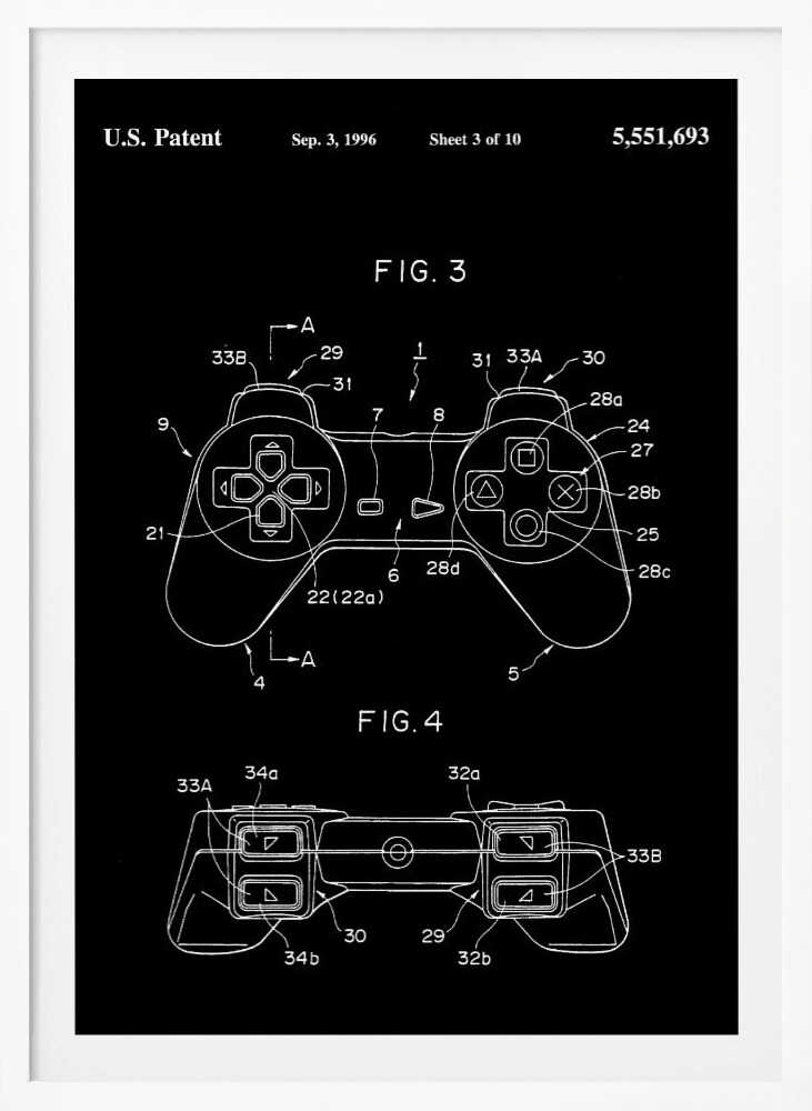 A framed patent illustration of a video game controller, presented in a blueprint style with white lines on a black background. The patent is dated September 3, 1996, and shows detailed diagrams of the controller from a top-down and front view, complete with labels and reference numbers. Wall Art
