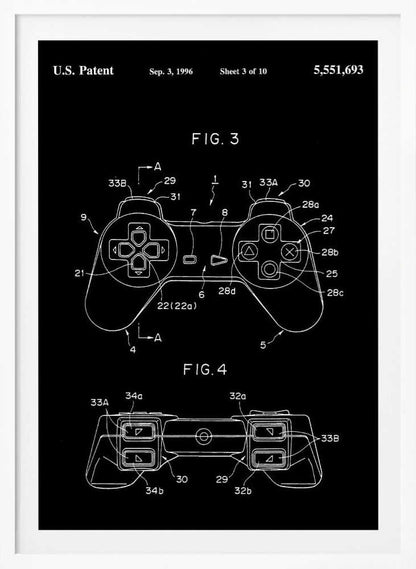 A framed patent illustration of a video game controller, presented in a blueprint style with white lines on a black background. The patent is dated September 3, 1996, and shows detailed diagrams of the controller from a top-down and front view, complete with labels and reference numbers. Wall Art