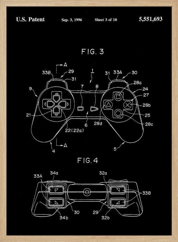 A framed patent illustration of a video game controller, presented in a blueprint style with white lines on a black background. The patent is dated September 3, 1996, and shows detailed diagrams of the controller from a top-down and front view, complete with labels and reference numbers. Wall Art
