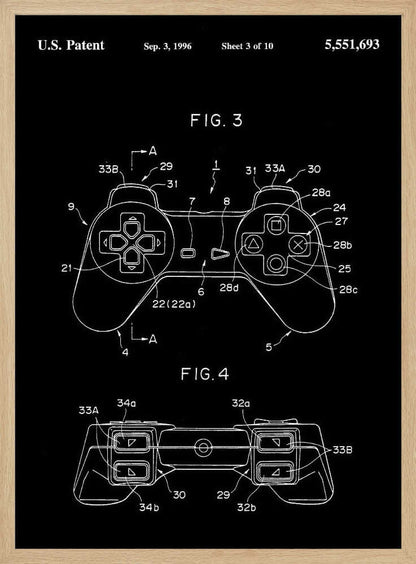 A framed patent illustration of a video game controller, presented in a blueprint style with white lines on a black background. The patent is dated September 3, 1996, and shows detailed diagrams of the controller from a top-down and front view, complete with labels and reference numbers. Wall Art