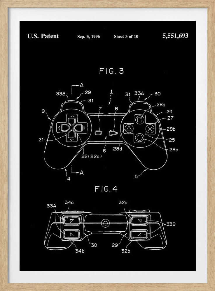 A framed patent illustration of a video game controller, presented in a blueprint style with white lines on a black background. The patent is dated September 3, 1996, and shows detailed diagrams of the controller from a top-down and front view, complete with labels and reference numbers. Wall Art