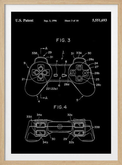 A framed patent illustration of a video game controller, presented in a blueprint style with white lines on a black background. The patent is dated September 3, 1996, and shows detailed diagrams of the controller from a top-down and front view, complete with labels and reference numbers. Wall Art