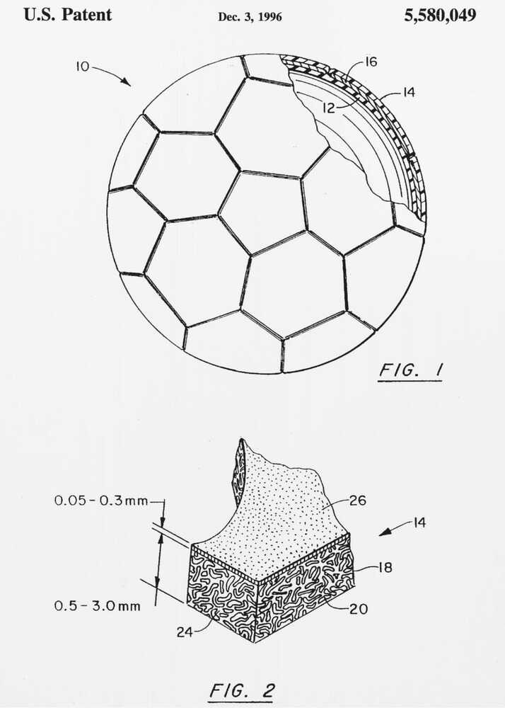 A framed black and white U.S. patent illustration, dated December 3, 1996, for a soccer ball. It features two figures: FIG. 1 shows the full ball with its iconic panel design and a cutaway view of its layers, and FIG. 2 shows a detailed cross-section of the ball's material. Artwork