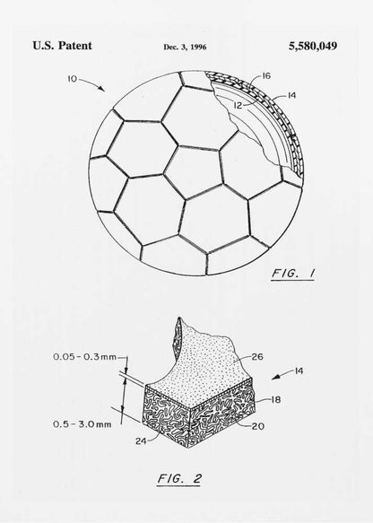 A framed black and white U.S. patent illustration, dated December 3, 1996, for a soccer ball. It features two figures: FIG. 1 shows the full ball with its iconic panel design and a cutaway view of its layers, and FIG. 2 shows a detailed cross-section of the ball's material. Artwork