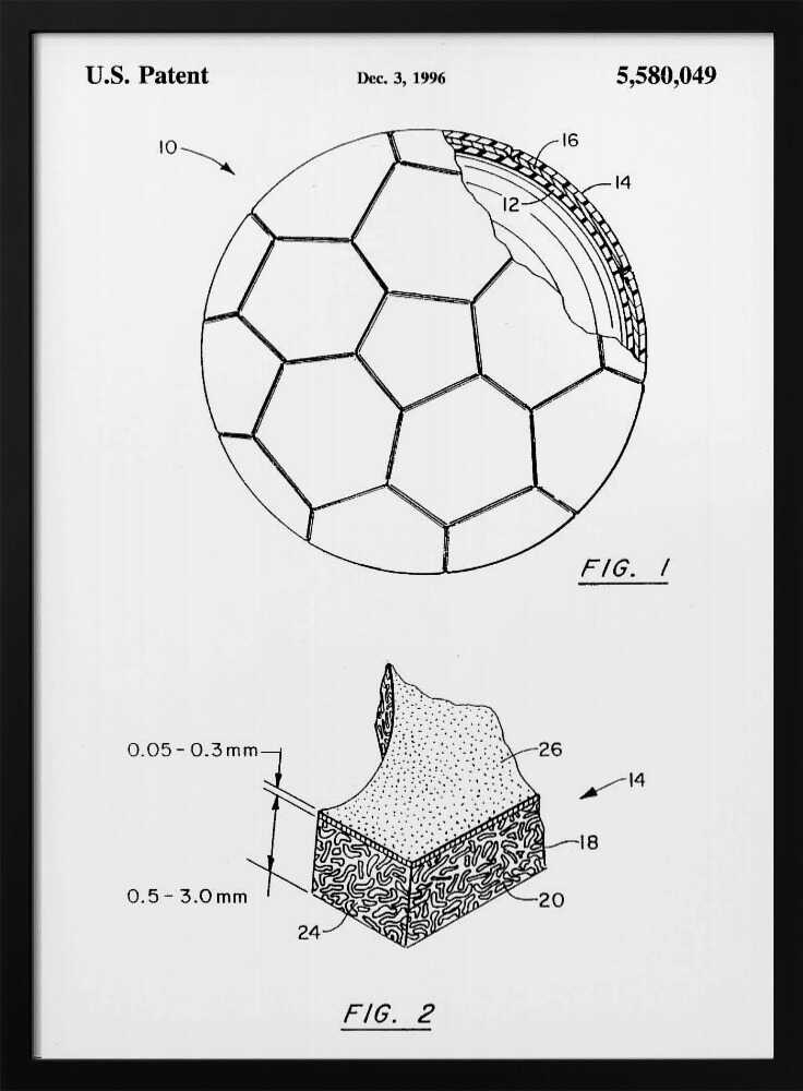 A framed black and white U.S. patent illustration, dated December 3, 1996, for a soccer ball. It features two figures: FIG. 1 shows the full ball with its iconic panel design and a cutaway view of its layers, and FIG. 2 shows a detailed cross-section of the ball's material. Artwork