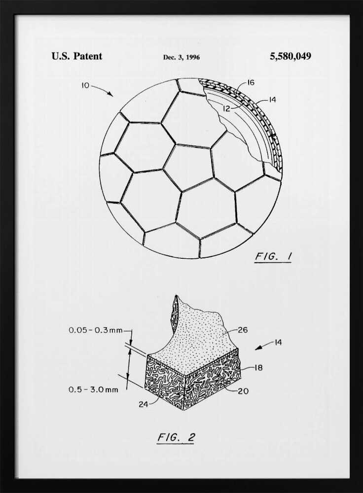 A framed black and white U.S. patent illustration, dated December 3, 1996, for a soccer ball. It features two figures: FIG. 1 shows the full ball with its iconic panel design and a cutaway view of its layers, and FIG. 2 shows a detailed cross-section of the ball's material. Artwork