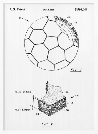 A framed black and white U.S. patent illustration, dated December 3, 1996, for a soccer ball. It features two figures: FIG. 1 shows the full ball with its iconic panel design and a cutaway view of its layers, and FIG. 2 shows a detailed cross-section of the ball's material. Artwork