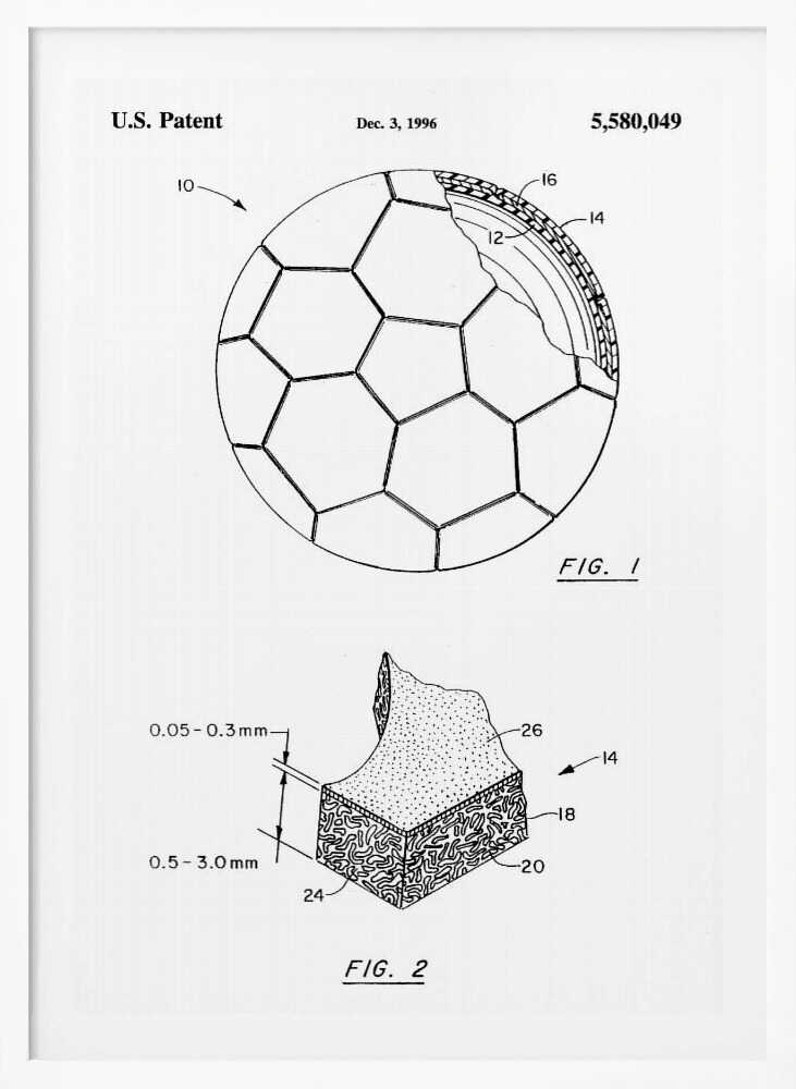A framed black and white U.S. patent illustration, dated December 3, 1996, for a soccer ball. It features two figures: FIG. 1 shows the full ball with its iconic panel design and a cutaway view of its layers, and FIG. 2 shows a detailed cross-section of the ball's material. Artwork