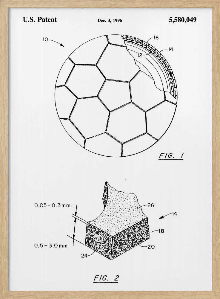 A framed black and white U.S. patent illustration, dated December 3, 1996, for a soccer ball. It features two figures: FIG. 1 shows the full ball with its iconic panel design and a cutaway view of its layers, and FIG. 2 shows a detailed cross-section of the ball's material. Artwork