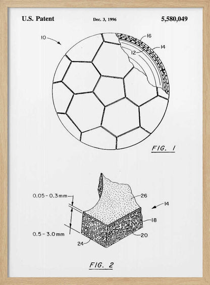 A framed black and white U.S. patent illustration, dated December 3, 1996, for a soccer ball. It features two figures: FIG. 1 shows the full ball with its iconic panel design and a cutaway view of its layers, and FIG. 2 shows a detailed cross-section of the ball's material. Artwork