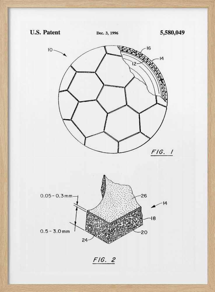 A framed black and white U.S. patent illustration, dated December 3, 1996, for a soccer ball. It features two figures: FIG. 1 shows the full ball with its iconic panel design and a cutaway view of its layers, and FIG. 2 shows a detailed cross-section of the ball's material. Artwork