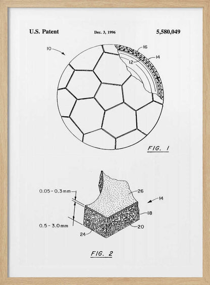 A framed black and white U.S. patent illustration, dated December 3, 1996, for a soccer ball. It features two figures: FIG. 1 shows the full ball with its iconic panel design and a cutaway view of its layers, and FIG. 2 shows a detailed cross-section of the ball's material. Artwork