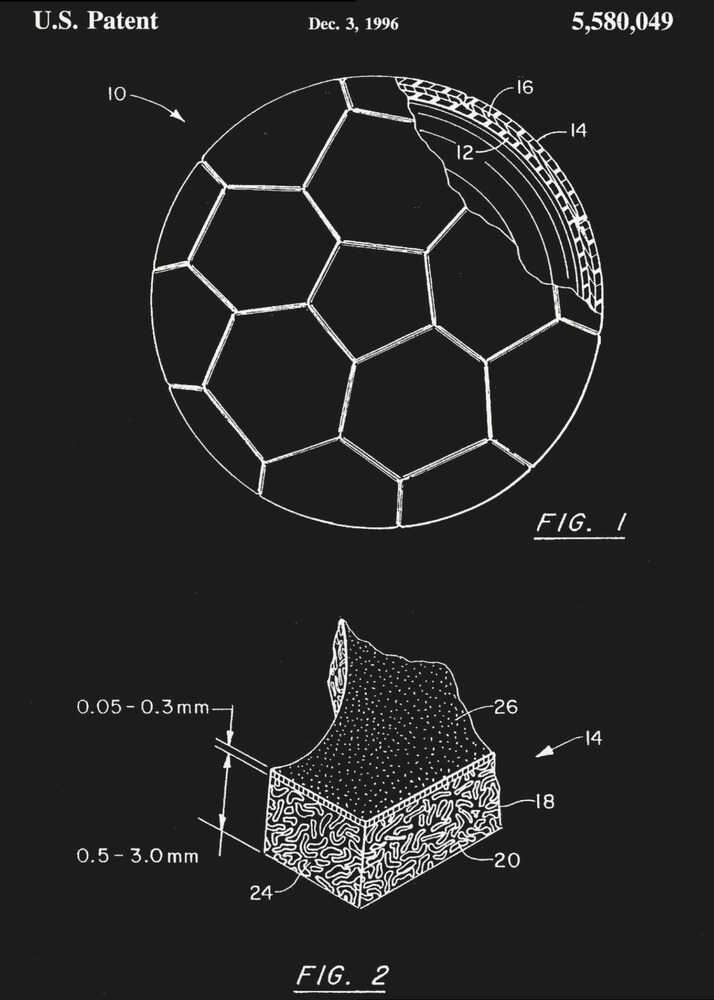 A framed black and white U.S. patent illustration for a soccer ball from December 3, 1996. The image displays two figures: FIG. 1 shows a soccer ball with a cutaway section revealing its inner layers, and FIG. 2 is a magnified cross-section of the ball's material with measurements. Artwork