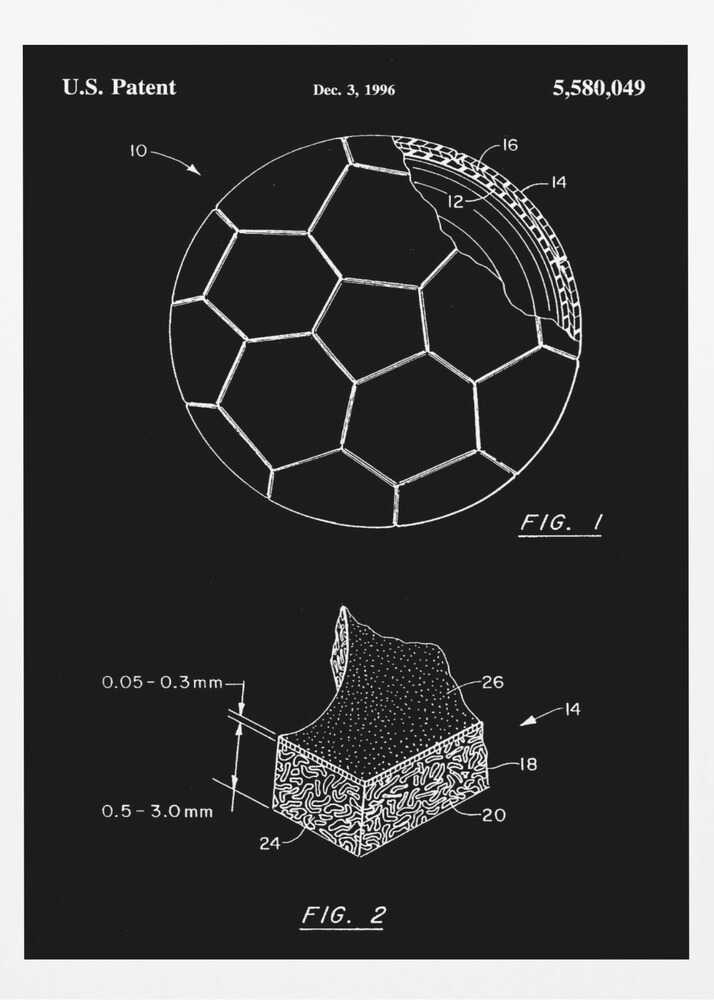 A framed black and white U.S. patent illustration for a soccer ball from December 3, 1996. The image displays two figures: FIG. 1 shows a soccer ball with a cutaway section revealing its inner layers, and FIG. 2 is a magnified cross-section of the ball's material with measurements. Artwork