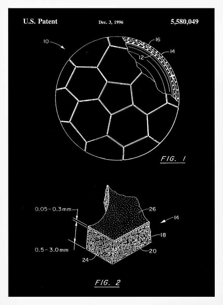 A framed black and white U.S. patent illustration for a soccer ball from December 3, 1996. The image displays two figures: FIG. 1 shows a soccer ball with a cutaway section revealing its inner layers, and FIG. 2 is a magnified cross-section of the ball's material with measurements. Artwork