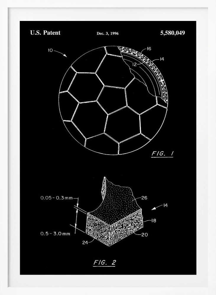 A framed black and white U.S. patent illustration for a soccer ball from December 3, 1996. The image displays two figures: FIG. 1 shows a soccer ball with a cutaway section revealing its inner layers, and FIG. 2 is a magnified cross-section of the ball's material with measurements. Artwork