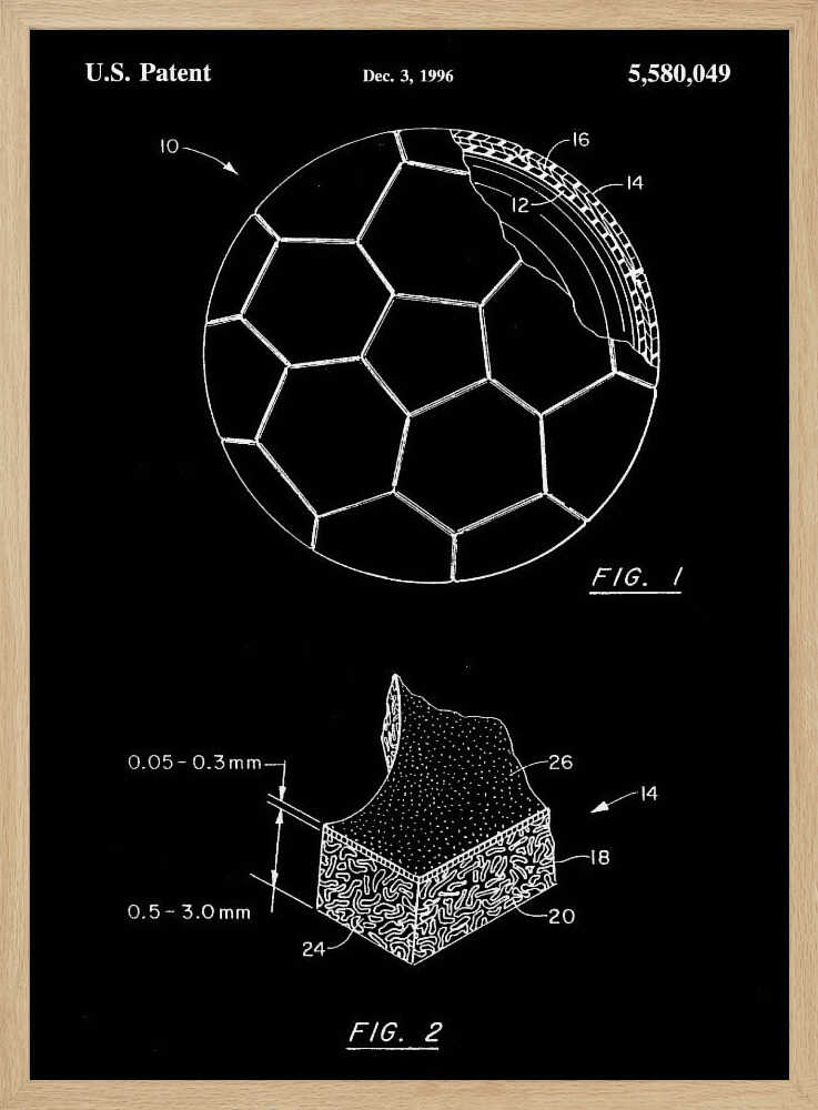 A framed black and white U.S. patent illustration for a soccer ball from December 3, 1996. The image displays two figures: FIG. 1 shows a soccer ball with a cutaway section revealing its inner layers, and FIG. 2 is a magnified cross-section of the ball's material with measurements. Artwork