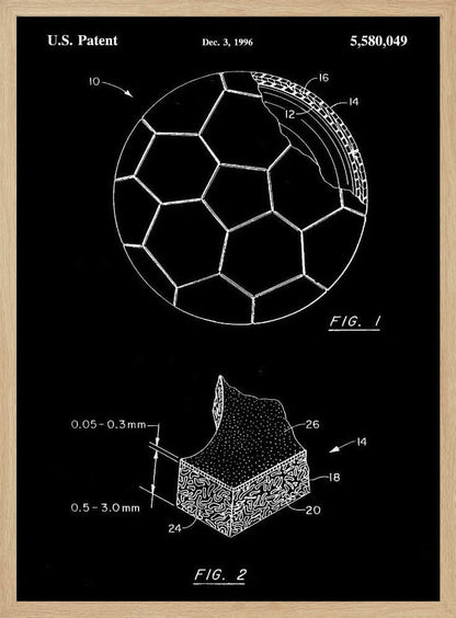 A framed black and white U.S. patent illustration for a soccer ball from December 3, 1996. The image displays two figures: FIG. 1 shows a soccer ball with a cutaway section revealing its inner layers, and FIG. 2 is a magnified cross-section of the ball's material with measurements. Artwork