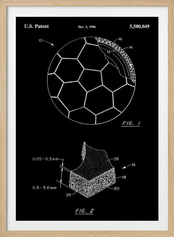 A framed black and white U.S. patent illustration for a soccer ball from December 3, 1996. The image displays two figures: FIG. 1 shows a soccer ball with a cutaway section revealing its inner layers, and FIG. 2 is a magnified cross-section of the ball's material with measurements. Artwork