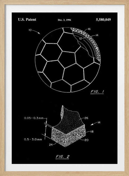 A framed black and white U.S. patent illustration for a soccer ball from December 3, 1996. The image displays two figures: FIG. 1 shows a soccer ball with a cutaway section revealing its inner layers, and FIG. 2 is a magnified cross-section of the ball's material with measurements. Artwork