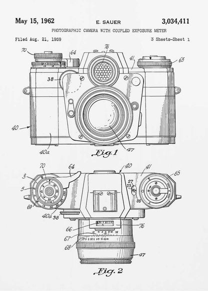 A framed black and white patent illustration of a vintage camera from 1962. It shows two detailed technical drawings, a front view and a top-down view, with numbered parts. Text at the top reads 'May 15, 1962', 'E. SAUER', and the patent number '3,034,411'. Wall Art