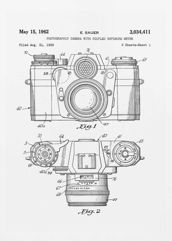 A framed black and white patent illustration of a vintage camera from 1962. It shows two detailed technical drawings, a front view and a top-down view, with numbered parts. Text at the top reads 'May 15, 1962', 'E. SAUER', and the patent number '3,034,411'. Wall Art