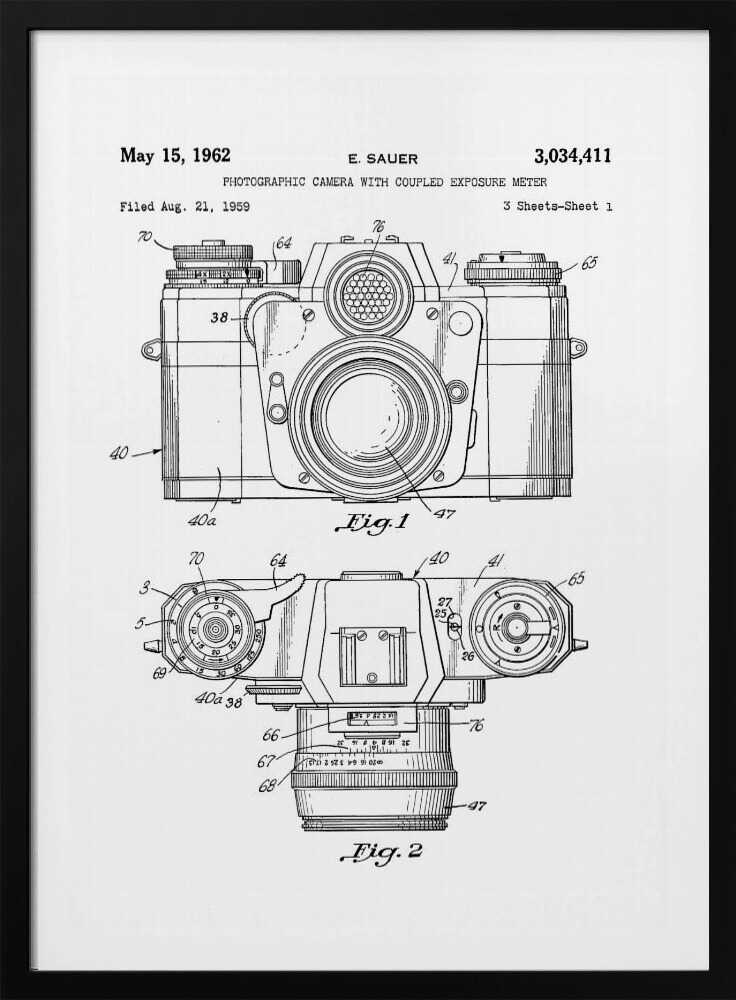A framed black and white patent illustration of a vintage camera from 1962. It shows two detailed technical drawings, a front view and a top-down view, with numbered parts. Text at the top reads 'May 15, 1962', 'E. SAUER', and the patent number '3,034,411'. Wall Art