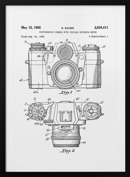 A framed black and white patent illustration of a vintage camera from 1962. It shows two detailed technical drawings, a front view and a top-down view, with numbered parts. Text at the top reads 'May 15, 1962', 'E. SAUER', and the patent number '3,034,411'. Wall Art