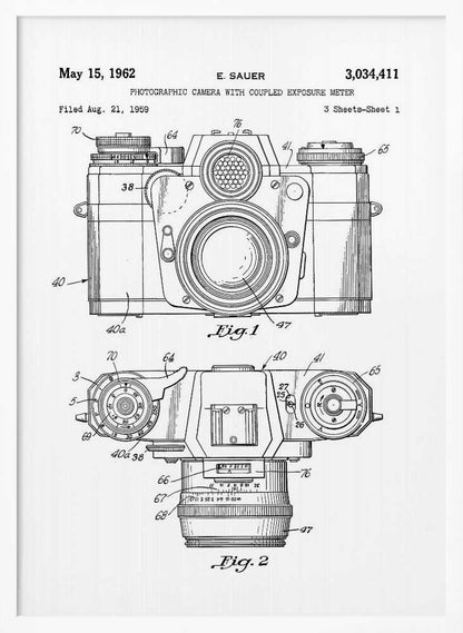 A framed black and white patent illustration of a vintage camera from 1962. It shows two detailed technical drawings, a front view and a top-down view, with numbered parts. Text at the top reads 'May 15, 1962', 'E. SAUER', and the patent number '3,034,411'. Wall Art
